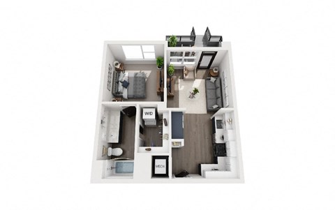 A top down view of a small apartment with a kitchen, living room, and bathroom.